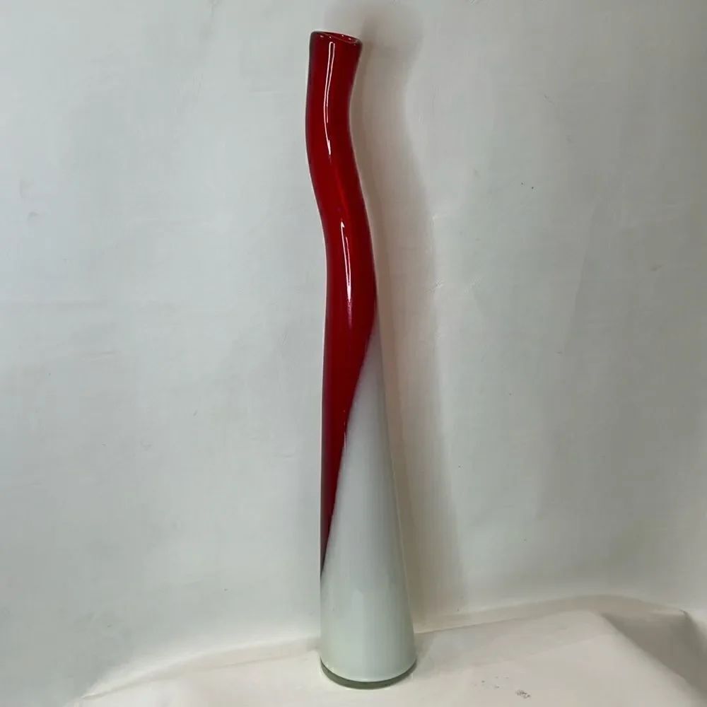 Murano Abstract Vase Arte Red And Milky White 20.5 Inches Tall 3 1/4 Round Italy